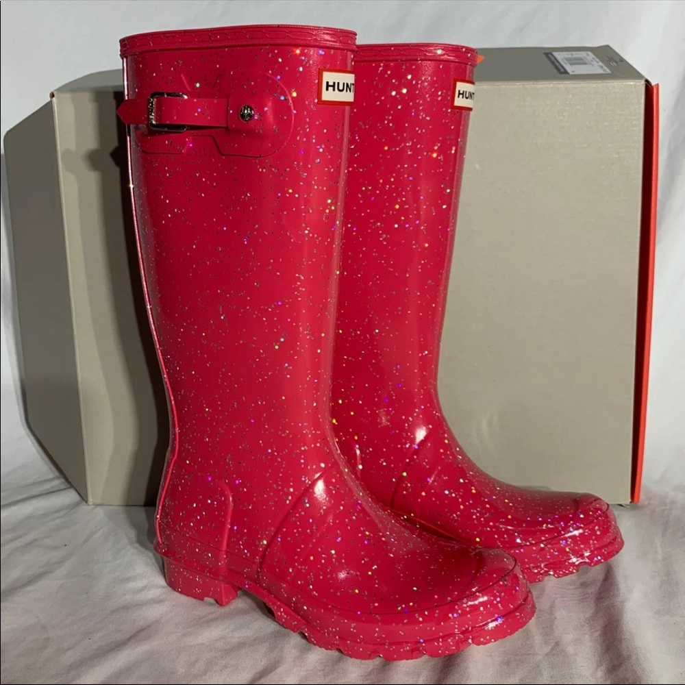 Hunter Original Gloss Giant Cosmic Glitter Pink High Top Boots - Womans 5.5 6.5 - Picture 2 of 7